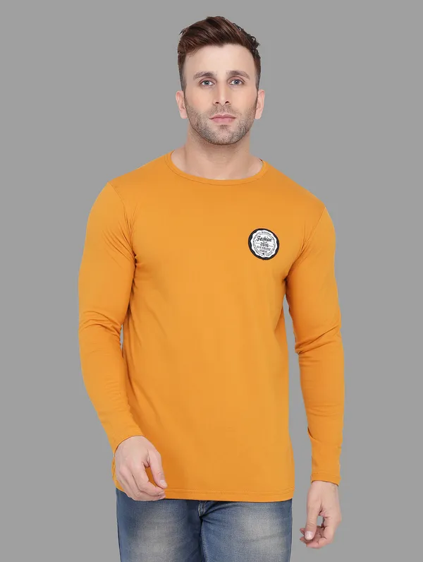 Mustard_Cotton_Blend_Round_Neck_Full_Sleeve_T_Shirt_For_Men