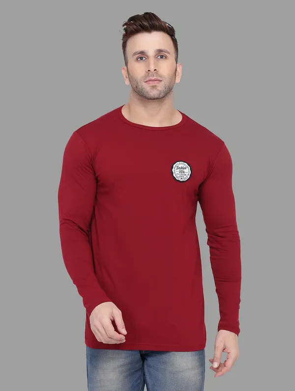 Maroon_Cotton_Blend_Round_Neck_Full_Sleeve_T_Shirt_For_Men