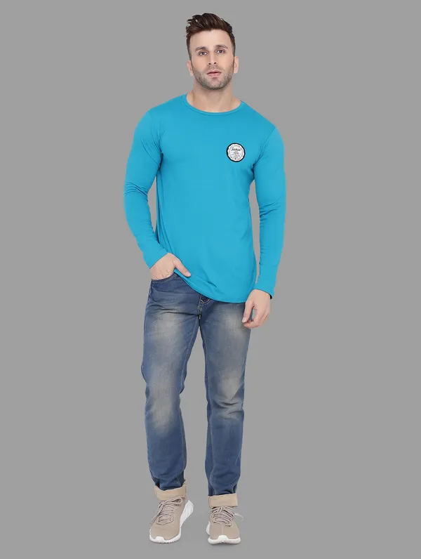 Turquoise_Cotton_Blend_Round_Neck_Full_Sleeve_T_Shirt_For_Men