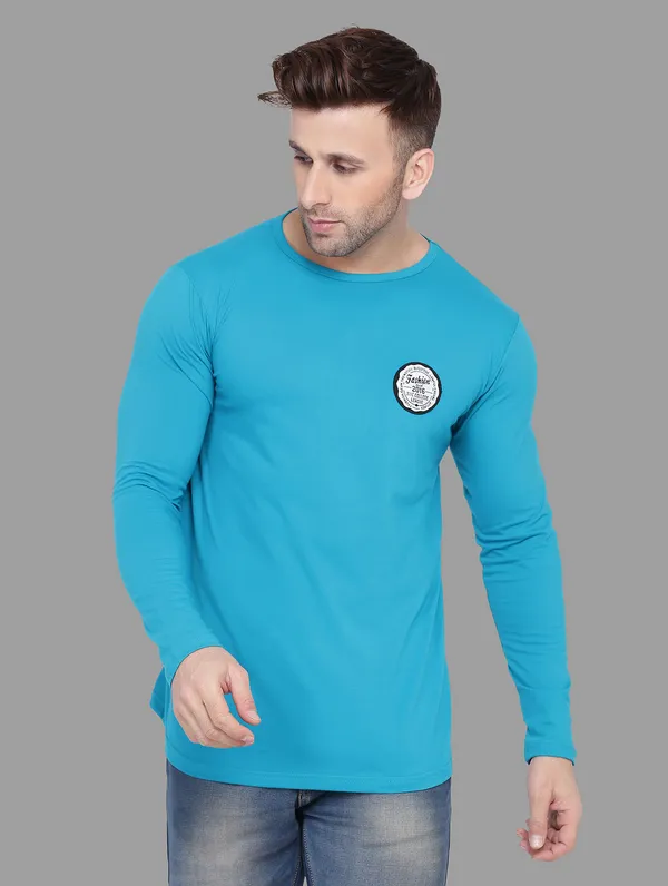 Turquoise_Cotton_Blend_Round_Neck_Full_Sleeve_T_Shirt_For_Men
