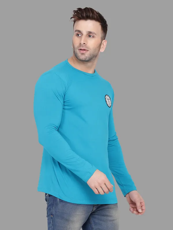 Turquoise_Cotton_Blend_Round_Neck_Full_Sleeve_T_Shirt_For_Men