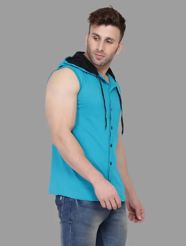 Turquoise_Cotton_Blend_Hooded_Neck_Sleeveless_T_Shirt_For_Men