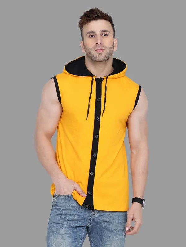 Yellow_Cotton_Blend_Hooded_Neck_Sleeveless_T_Shirt_For_Men