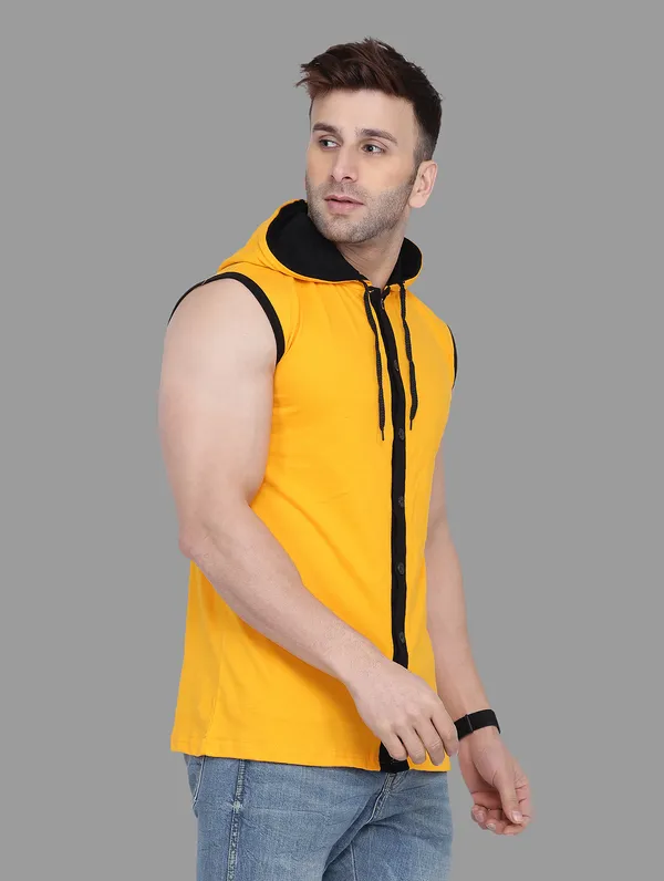 Yellow_Cotton_Blend_Hooded_Neck_Sleeveless_T_Shirt_For_Men