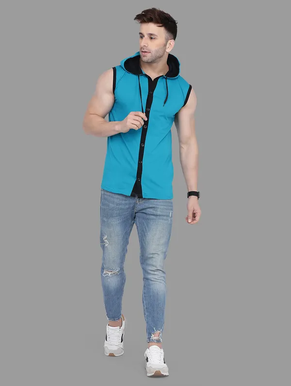 Turquoise_Cotton_Blend_Hooded_Neck_Sleeveless_T_Shirt_For_Men