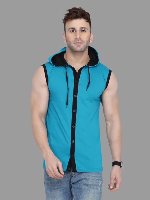 Turquoise_Cotton_Blend_Hooded_Neck_Sleeveless_T_Shirt_For_Men