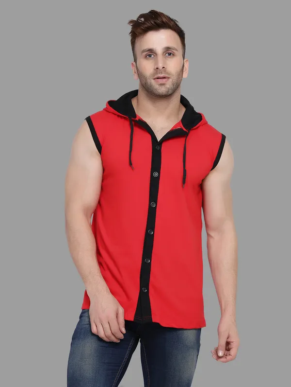 Red_Cotton_Blend_Hooded_Neck_Sleeveless_T_Shirt_For_Men