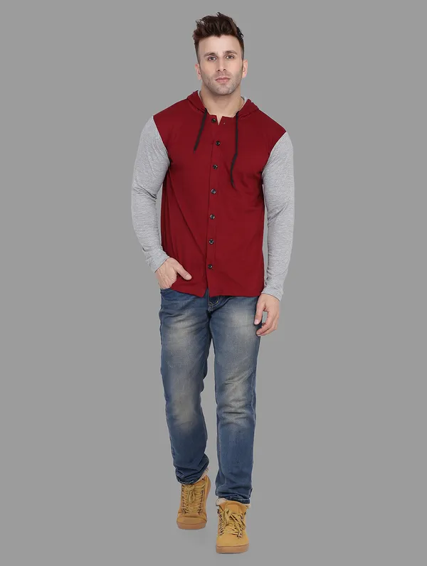 Maroon_&_Silver_Cotton_Blend_Hooded_Neck_Full_Sleeve_T_Shirt_For_Men