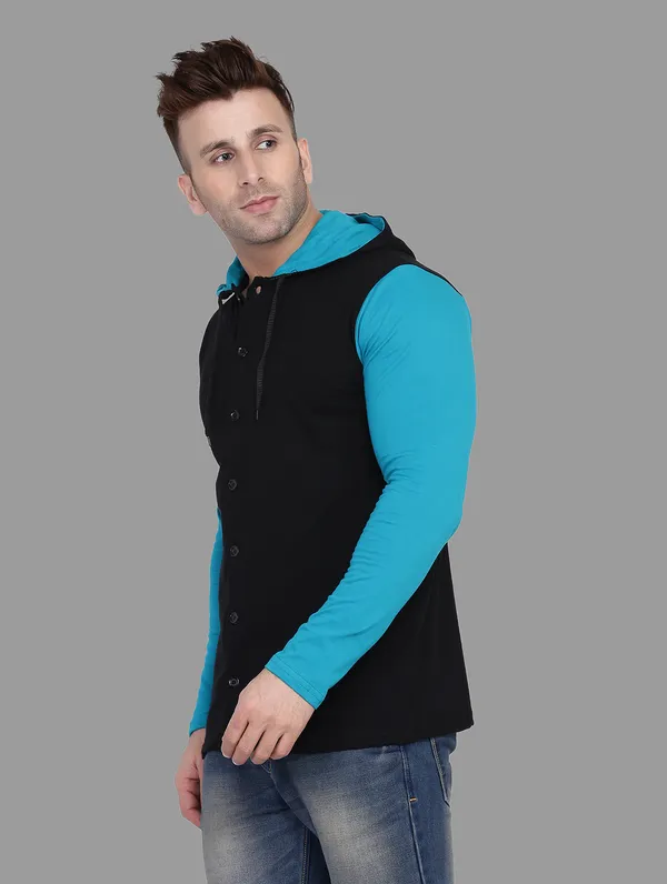 Black_&_Turquoise_Cotton_Blend_Hooded_Neck_Full_Sleeve_T_Shirt_For_Men