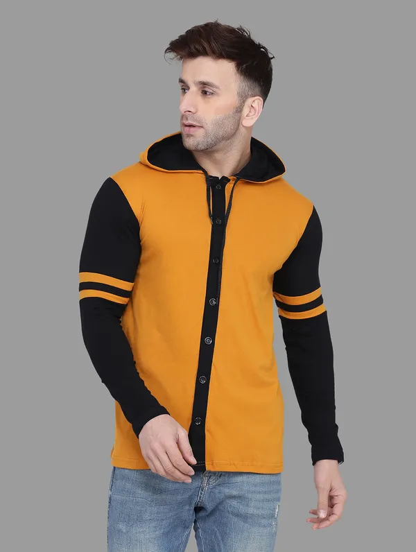 Mustard_&_Black_Cotton_Blend_Hooded_Neck_Full_Sleeve_T_Shirt_For_Men