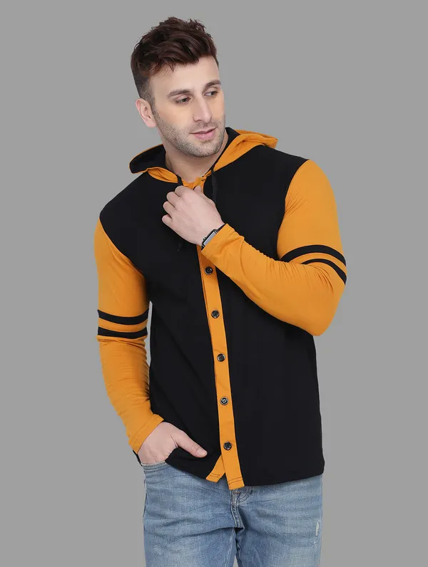 Black_&_Mustard_Cotton_Blend_Hooded_Neck_Full_Sleeve_T_Shirt_For_Men