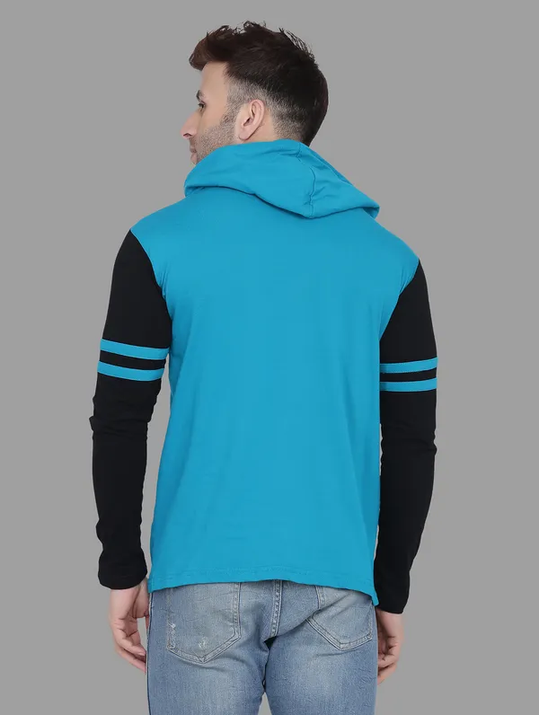 Turquoise_&_Black_Cotton_Blend_Hooded_Neck_Full_Sleeve_T_Shirt_For_Men
