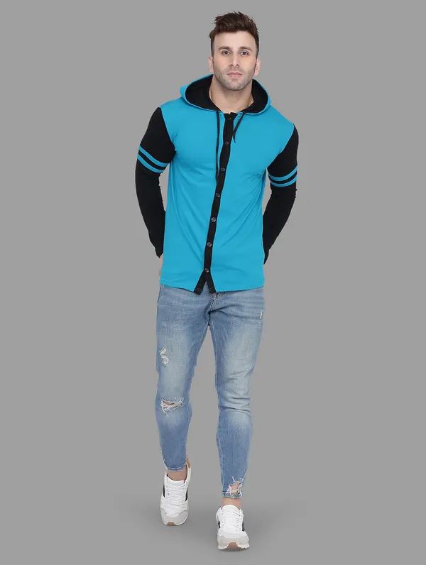Turquoise_&_Black_Cotton_Blend_Hooded_Neck_Full_Sleeve_T_Shirt_For_Men