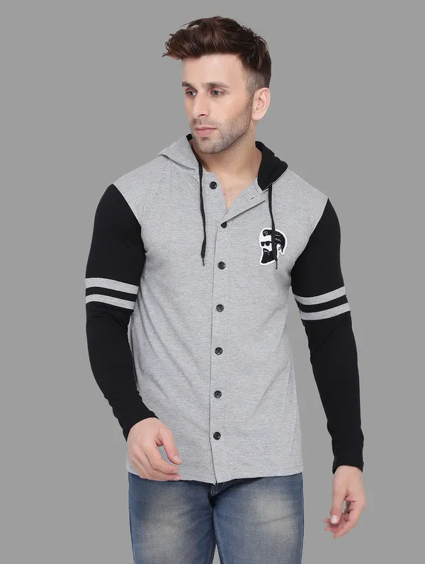 Grey_&_Black_Cotton_Blend_Hooded_Neck_Full_Sleeve_T_Shirt_For_Men