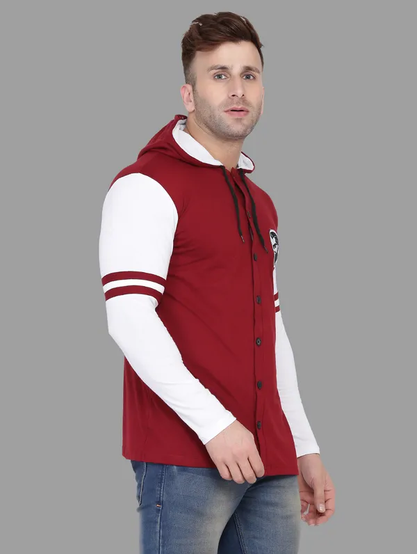 Maroon_&_White_Cotton_Blend_Hooded_Neck_Full_Sleeve_T-Shirt_For_Men