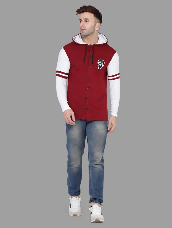 Maroon_&_White_Cotton_Blend_Hooded_Neck_Full_Sleeve_T-Shirt_For_Men