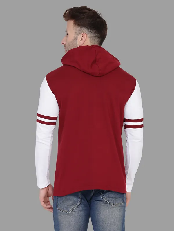 Maroon_&_White_Cotton_Blend_Hooded_Neck_Full_Sleeve_T-Shirt_For_Men