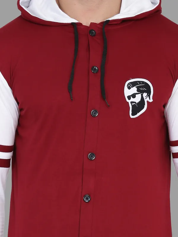 Maroon_&_White_Cotton_Blend_Hooded_Neck_Full_Sleeve_T-Shirt_For_Men