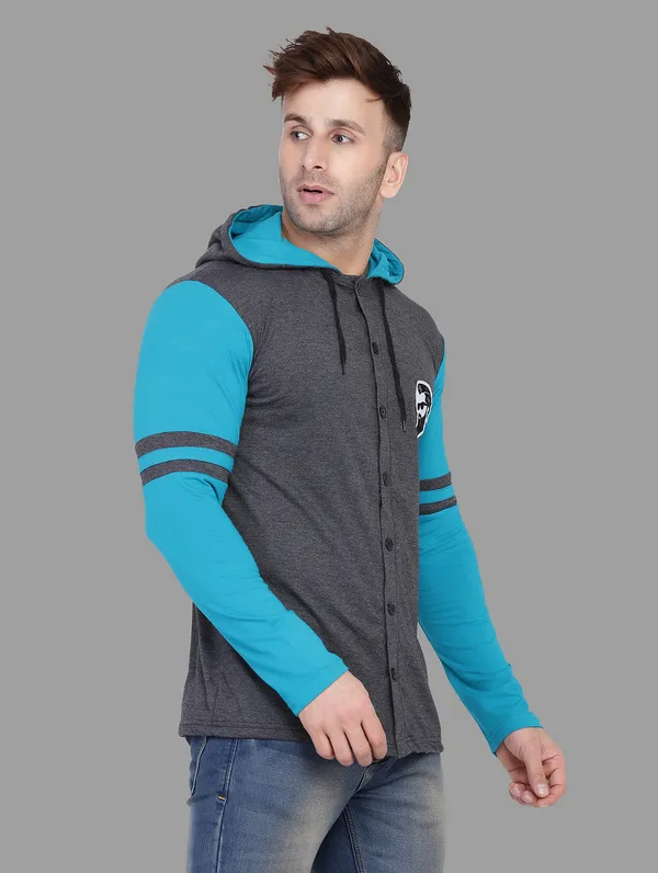 Grey_&_Turquoise_Cotton_Blend_Hooded_Neck_Full_Sleeve_T_Shirt_For_Men