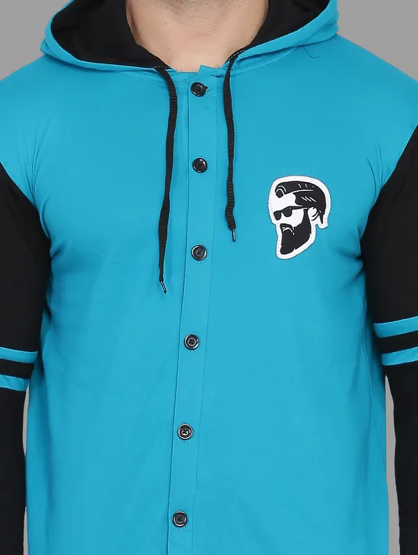Turquoise_&_Black_Cotton_Blend_Hooded_Neck_Full_Sleeve_T_Shirt_For_Men