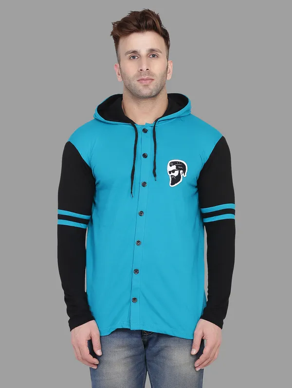 Turquoise_&_Black_Cotton_Blend_Hooded_Neck_Full_Sleeve_T_Shirt_For_Men