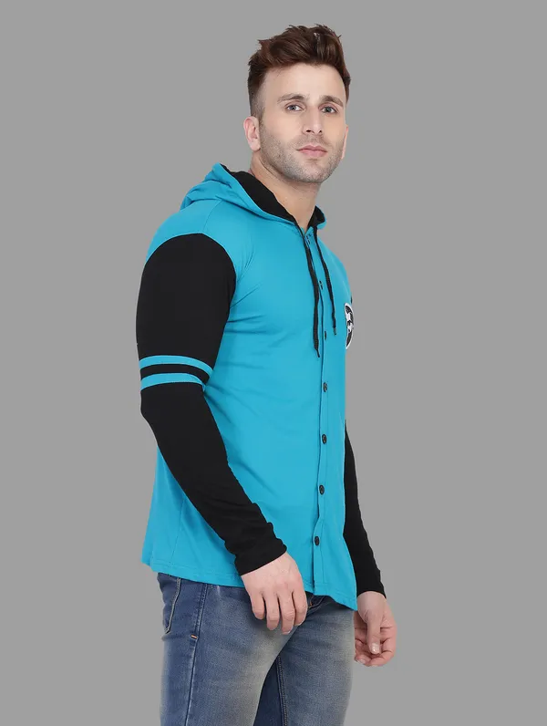Turquoise_&_Black_Cotton_Blend_Hooded_Neck_Full_Sleeve_T_Shirt_For_Men