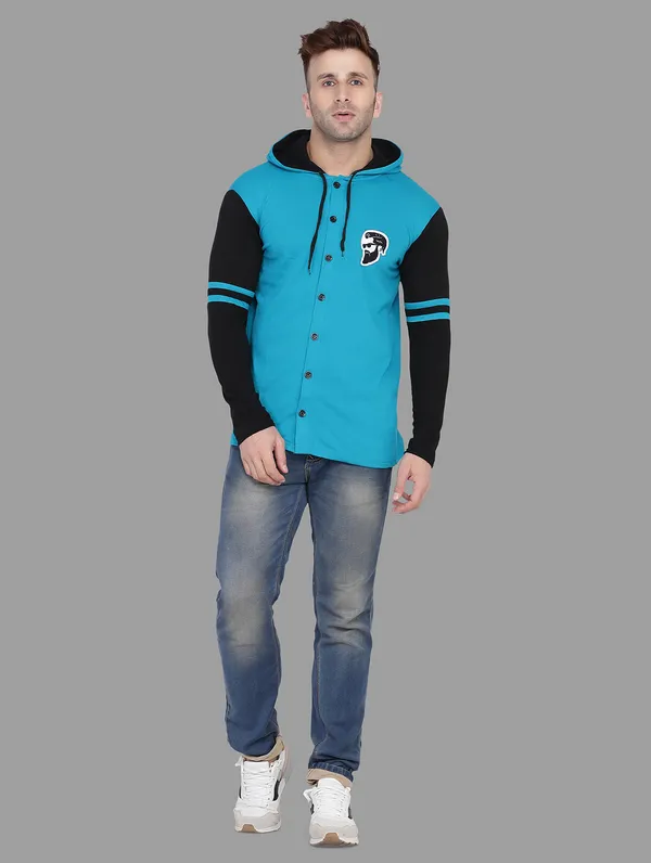 Turquoise_&_Black_Cotton_Blend_Hooded_Neck_Full_Sleeve_T_Shirt_For_Men