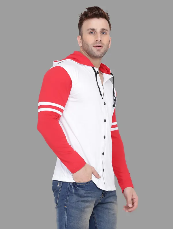 White_&_Red_Cotton_Blend_Hooded_Neck_Full_Sleeve_T_Shirt_For_Men
