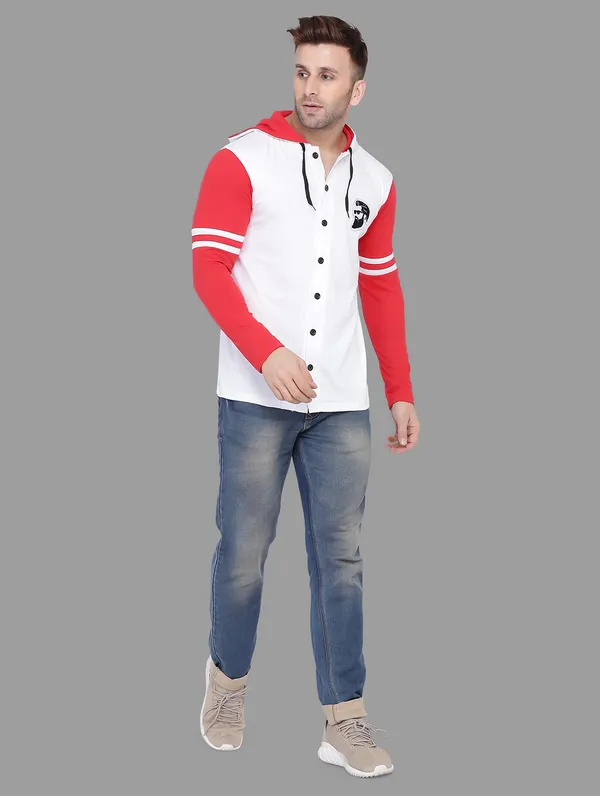 White_&_Red_Cotton_Blend_Hooded_Neck_Full_Sleeve_T_Shirt_For_Men