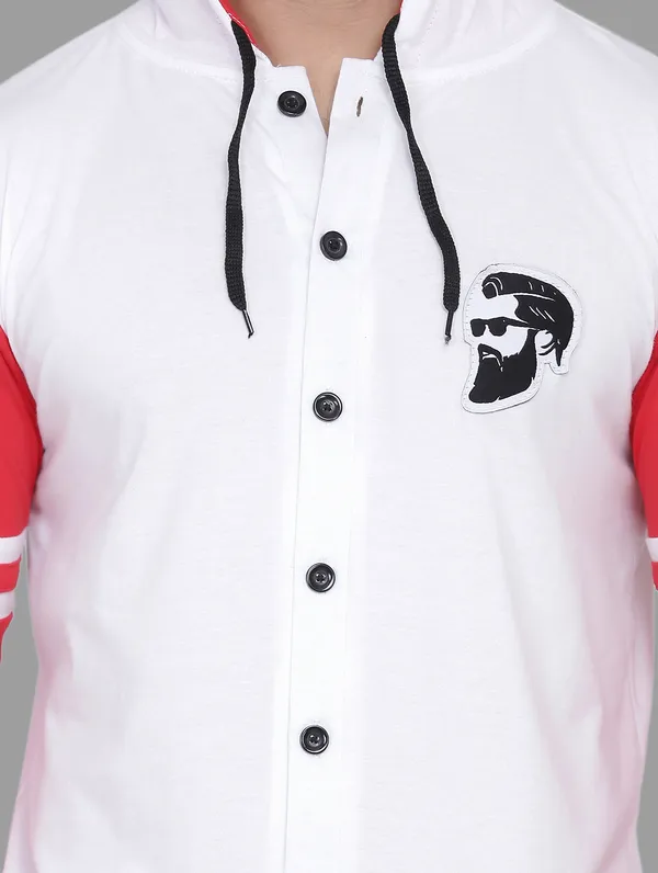 White_&_Red_Cotton_Blend_Hooded_Neck_Full_Sleeve_T_Shirt_For_Men