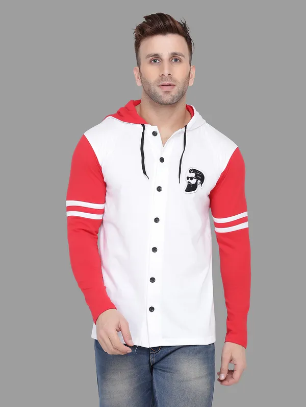 White_&_Red_Cotton_Blend_Hooded_Neck_Full_Sleeve_T_Shirt_For_Men