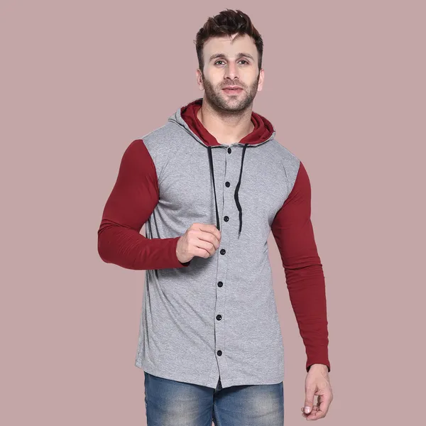 Silver_&_Maroon_Cotton_Blend_Hooded_Neck_Full_Sleeve_T_Shirt_For_Men