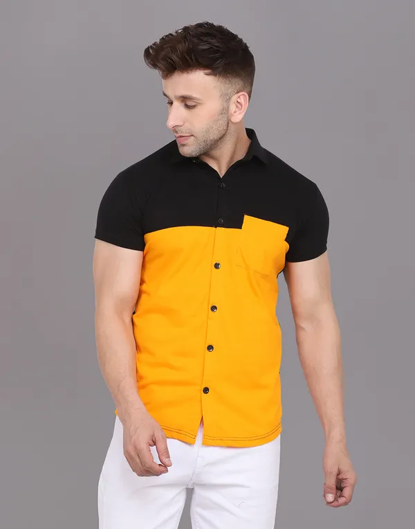 Yellow_&_Black_Cotton_Blend_Spread_Collar_Half_Sleeve_Shirt_For_Men