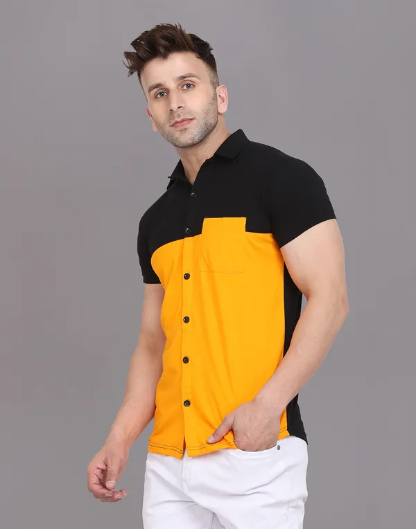 Yellow_&_Black_Cotton_Blend_Spread_Collar_Half_Sleeve_Shirt_For_Men