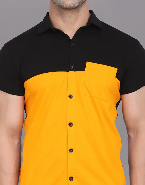 Yellow_&_Black_Cotton_Blend_Spread_Collar_Half_Sleeve_Shirt_For_Men