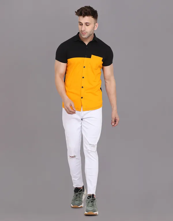 Yellow_&_Black_Cotton_Blend_Spread_Collar_Half_Sleeve_Shirt_For_Men