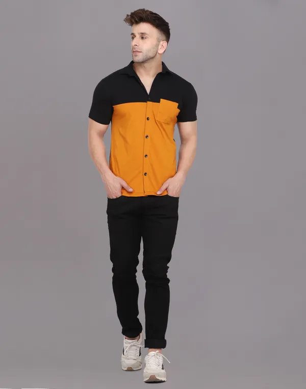 Mustard_&_Black_Cotton_Blend_Spread_Collar_Half_Sleeve_Shirt_For_Men
