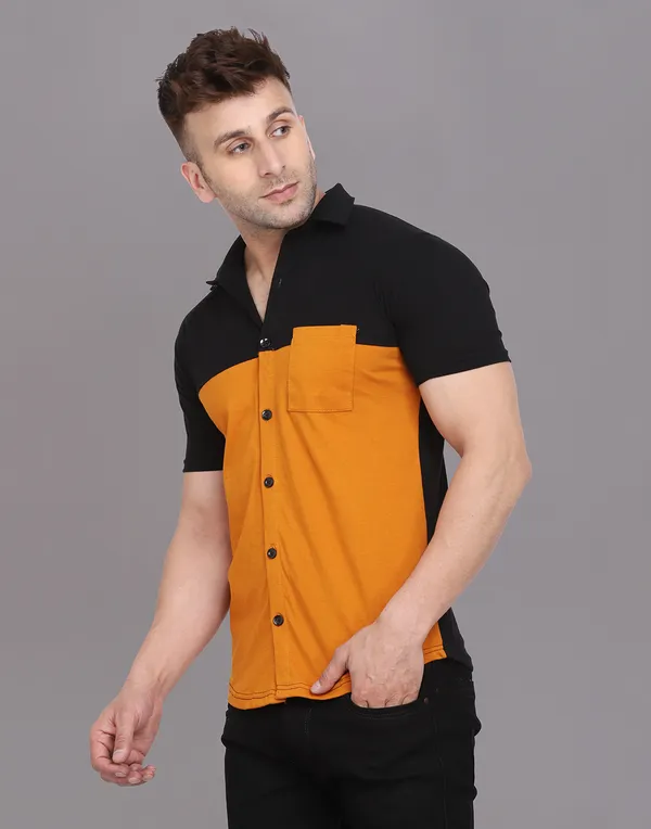 Mustard_&_Black_Cotton_Blend_Spread_Collar_Half_Sleeve_Shirt_For_Men