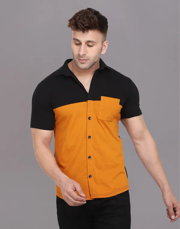 Mustard_&_Black_Cotton_Blend_Spread_Collar_Half_Sleeve_Shirt_For_Men