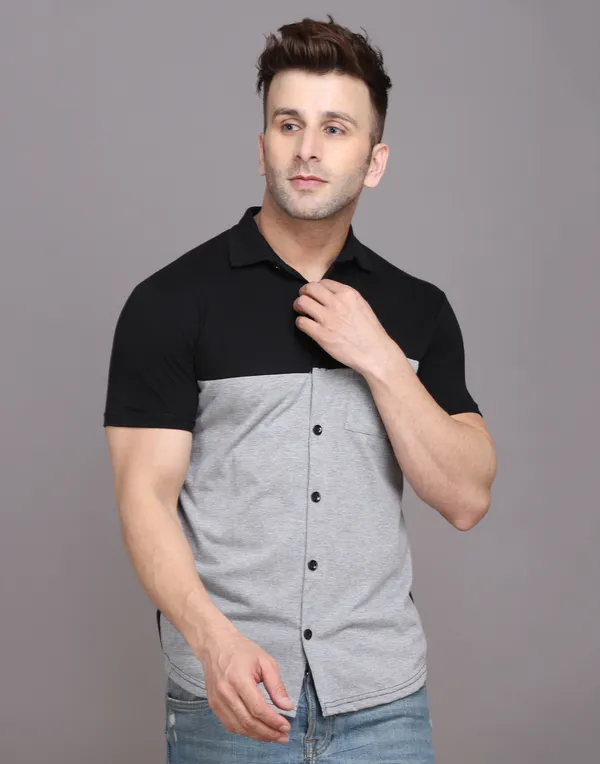 Silver_&_Black_Cotton_Blend_Spread_Collar_Half_Sleeve_Shirt_For_Men
