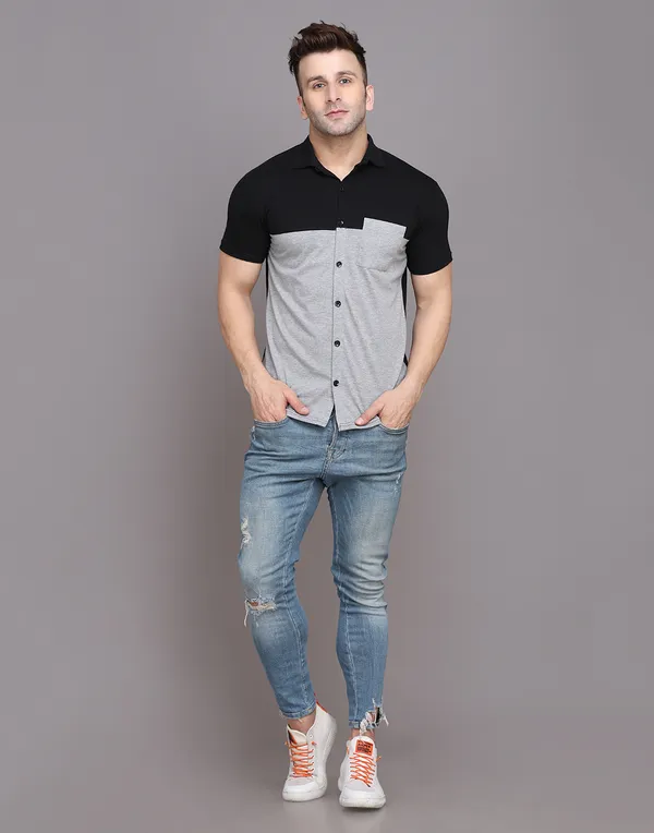 Silver_&_Black_Cotton_Blend_Spread_Collar_Half_Sleeve_Shirt_For_Men