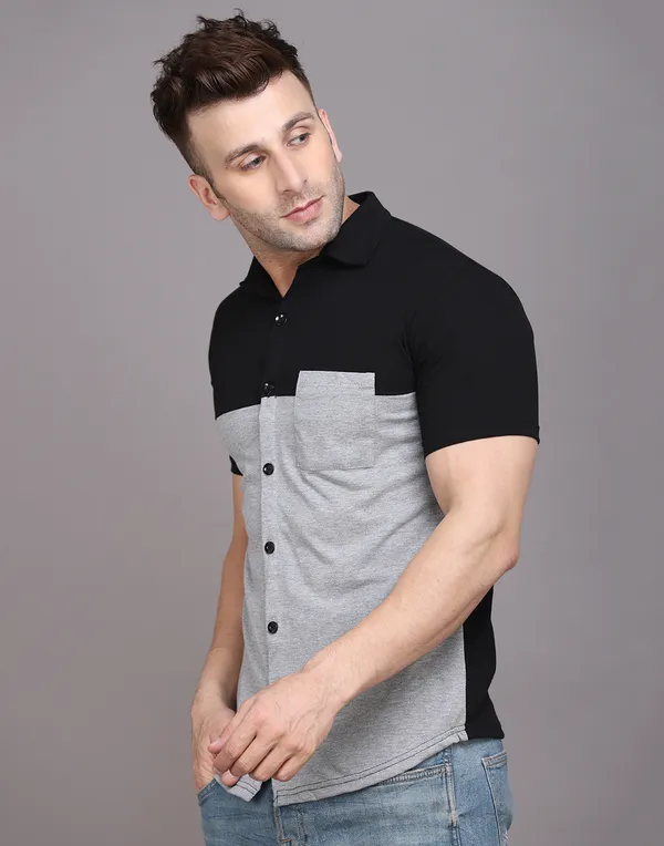 Silver_&_Black_Cotton_Blend_Spread_Collar_Half_Sleeve_Shirt_For_Men