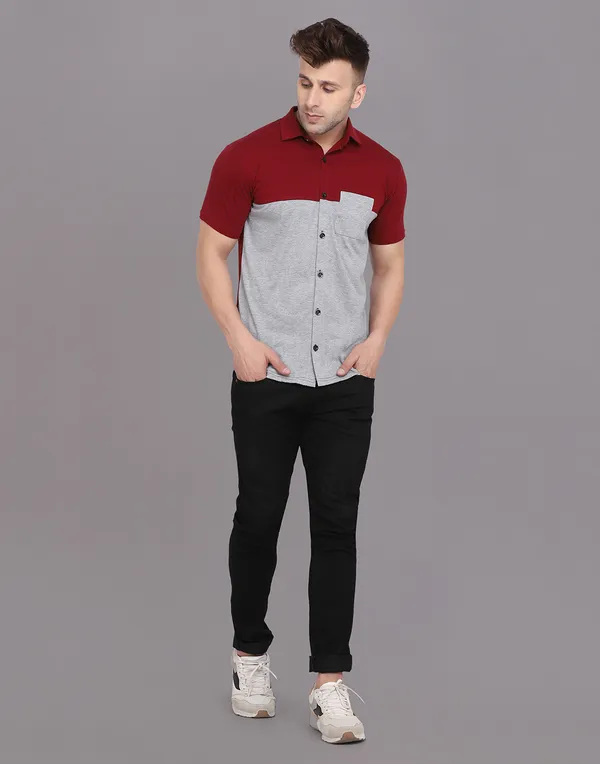 Silver_&_Maroon_Cotton_Blend_Spread_Collar_Half_Sleeve_Shirt_For_Men