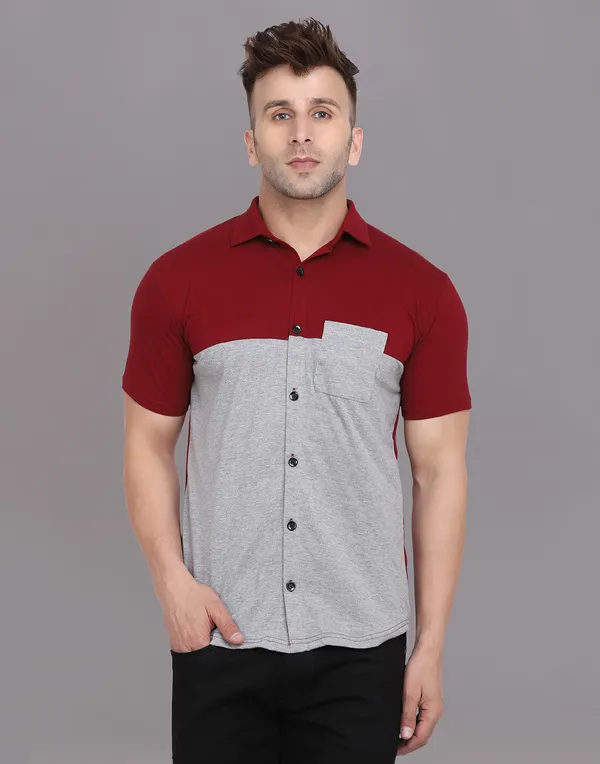 Silver_&_Maroon_Cotton_Blend_Spread_Collar_Half_Sleeve_Shirt_For_Men