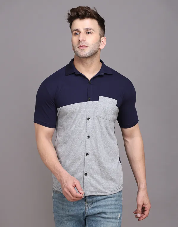 Silver_&_Dark_Blue_Cotton_Blend_Spread_Collar_Half_Sleeve_Shirt_For_Men