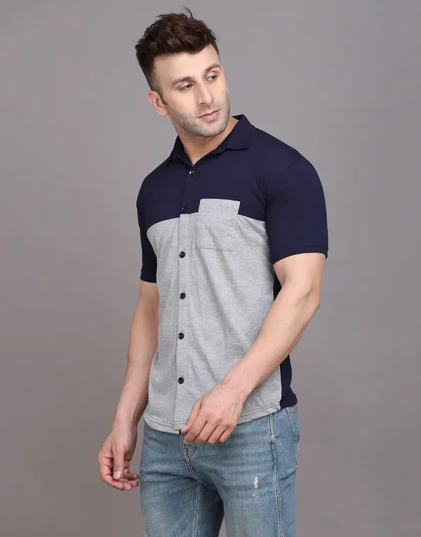 Silver_&_Dark_Blue_Cotton_Blend_Spread_Collar_Half_Sleeve_Shirt_For_Men
