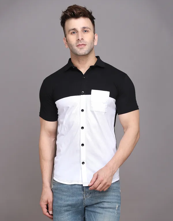 White_Half_Sleeve_Cotton_Blend_Spread_Collar__Shirt_For_Men