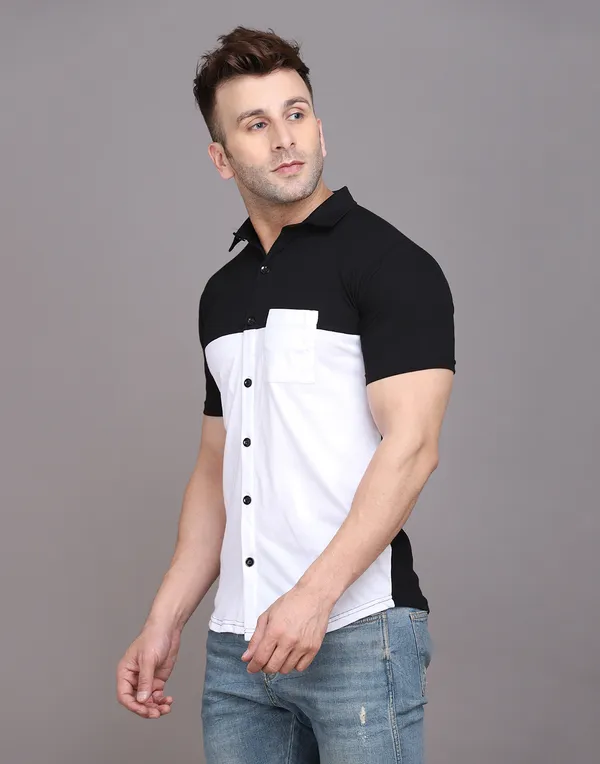White_Half_Sleeve_Cotton_Blend_Spread_Collar__Shirt_For_Men