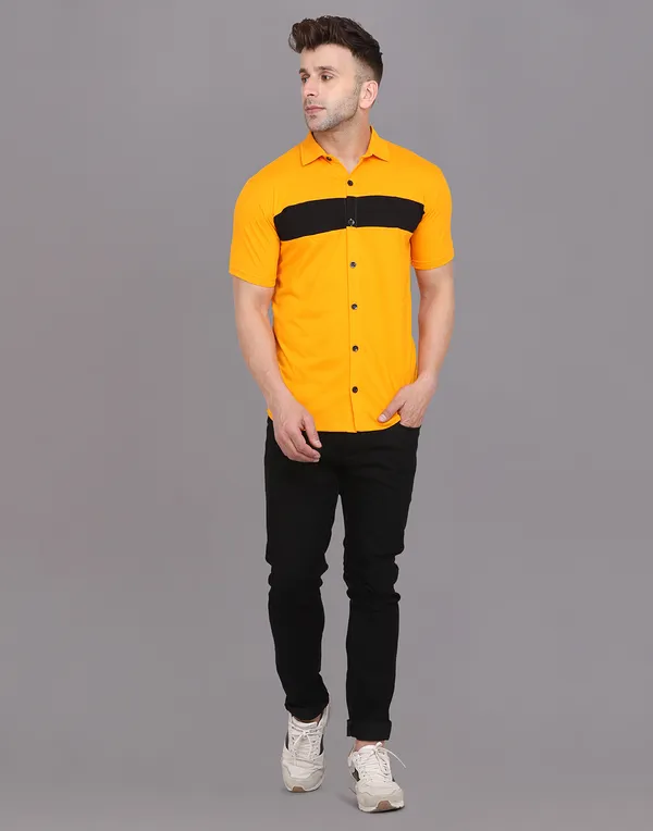 Yellow_Cotton_Blend_Spread_Collar_Half_Sleeve_Shirt_For_Men