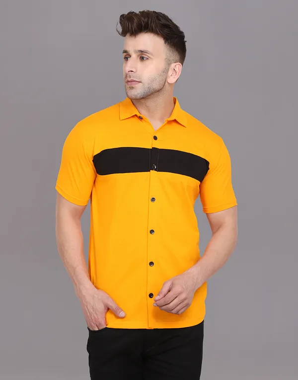 Yellow_Cotton_Blend_Spread_Collar_Half_Sleeve_Shirt_For_Men